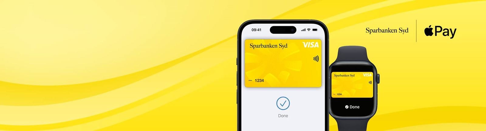 Sparbanken Syds betalkort och Apple Pay i mobil och i klocka.